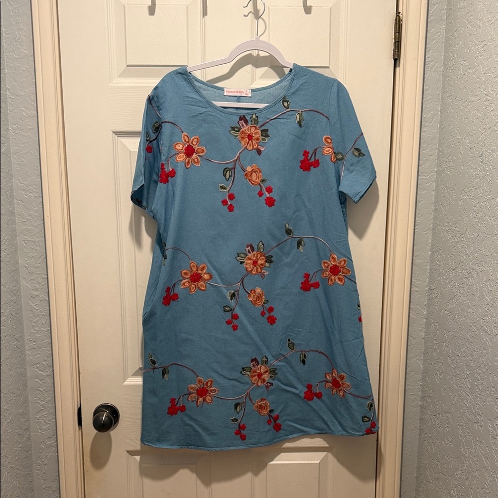 Floral Embroidered Blue Mini Dress